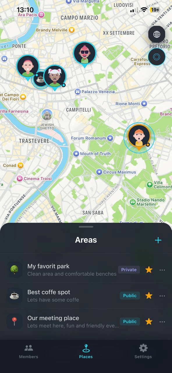 Location Tracker Areas view